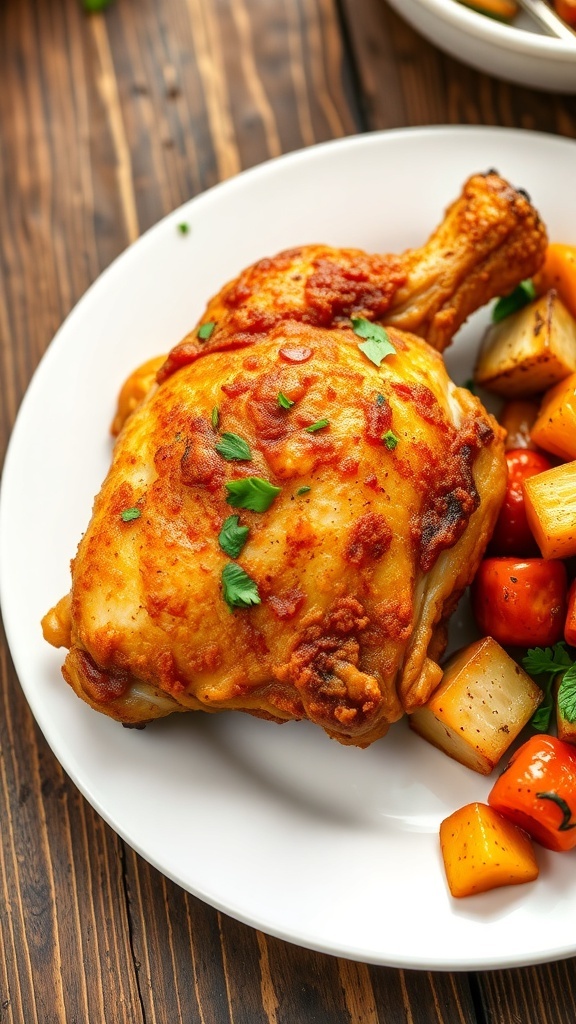 Ninja Air Fryer Chicken Dinner Recipe Crispy air-fried chicken thigh garnished with herbs, served with roasted vegetables on a rustic table.